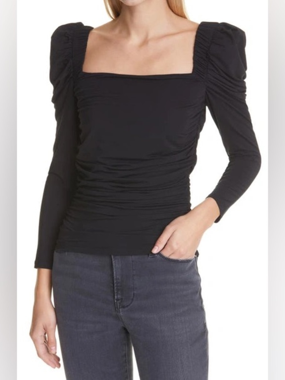 FRAME Betty Knit Puff Sleeve Top Black Ruched Square Neck Small